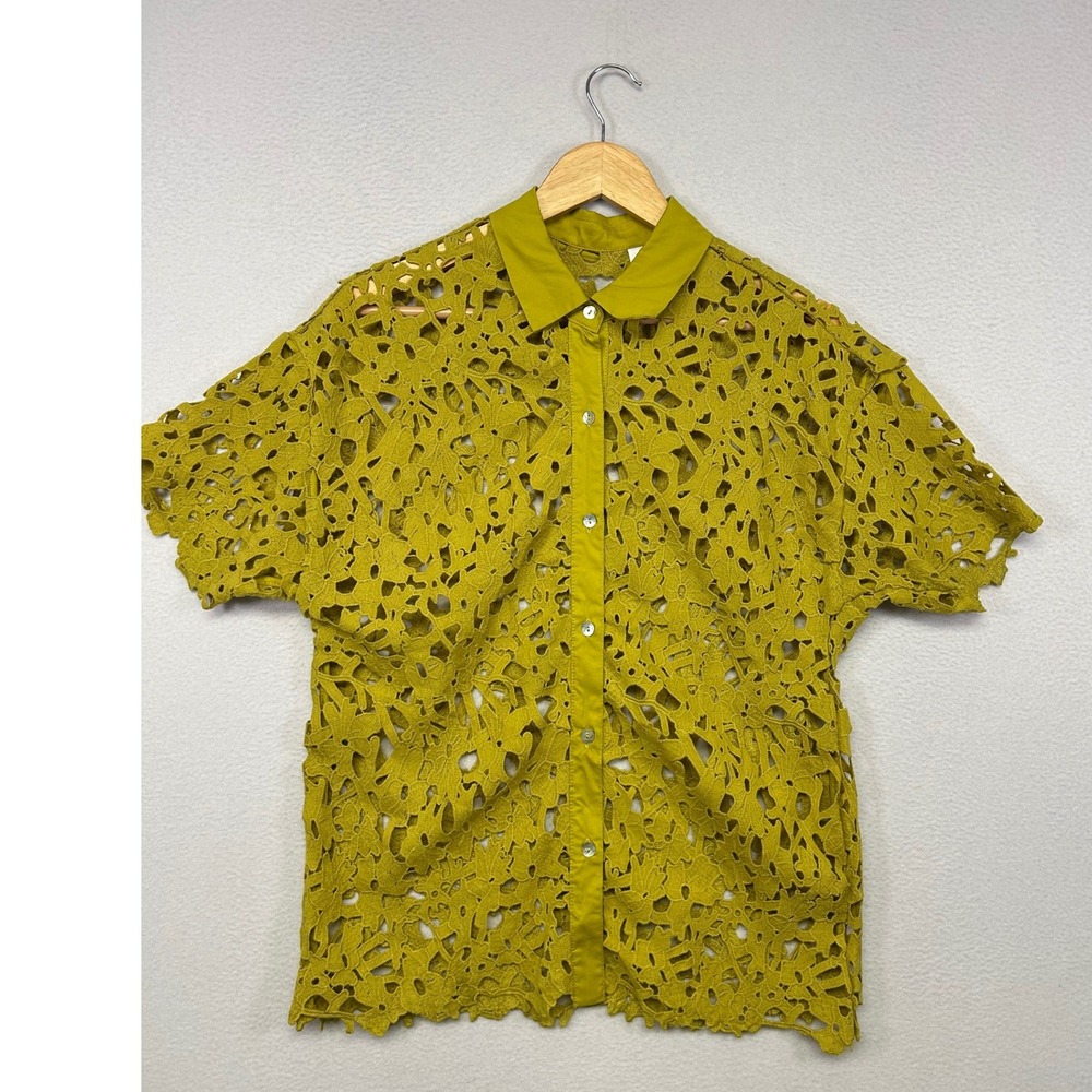 Artsy Lagenlook Wynne Collection Womens L Green Guipure Lace Button Up Shirt